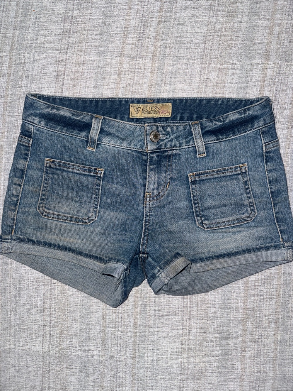 GUESS Vintage Sailor Pocket Denim Stretch Ultra Low Rise Jean Cuffed Booty Short